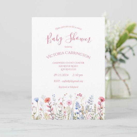 Invitation Baby shower fleur sauvage rose d'aquarelle (Debout devant)