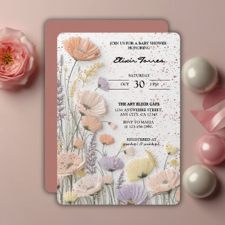 Invitation Baby shower Fleur sauvage rose dévêtu
