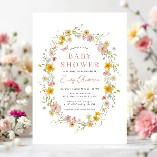Invitation Baby shower Fleur sauvage rose fille printemps été