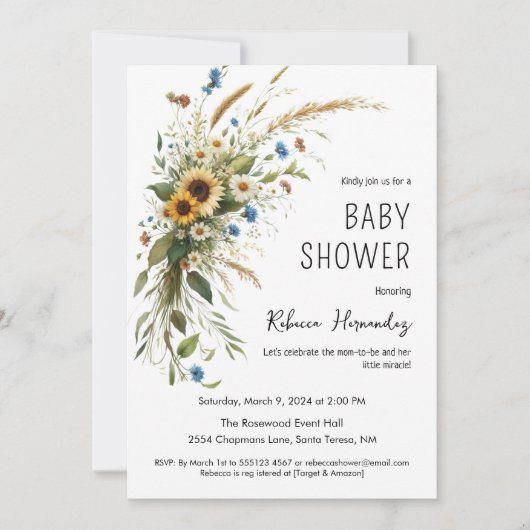 Invitation Baby shower Fleur sauvage rustique (Devant)