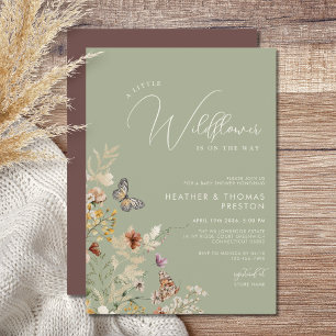 Invitation Baby Shower Fleur Sauvage Rustique Vert Olive