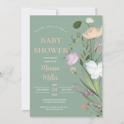 Invitation Baby shower Fleur sauvage Sage (Devant)