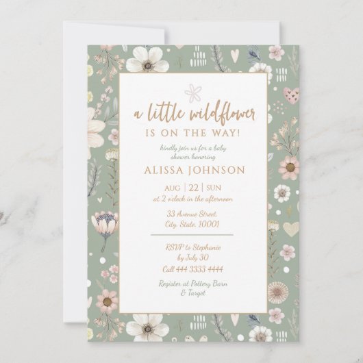 Invitation Baby shower Fleur sauvage Sage Boho (Devant)