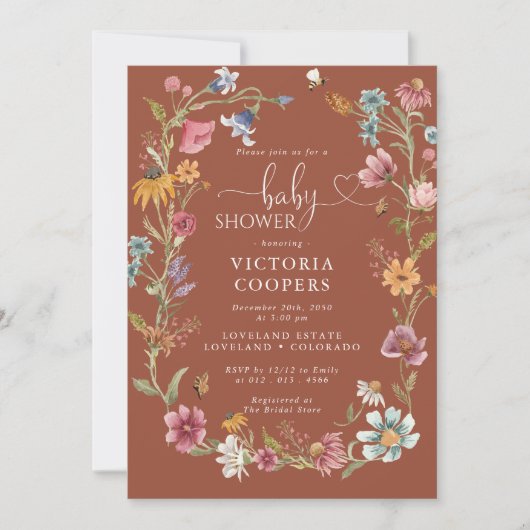 Invitation Baby shower Fleur sauvage Terracotta (Devant)