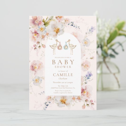 Invitation Baby shower fleur sauvage Twins (Debout devant)