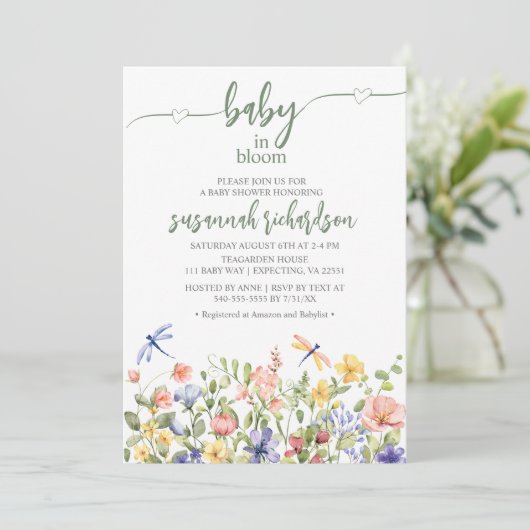Invitation Baby shower Fleur sauvage vert bébé en fleurs (Debout devant)
