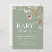 Invitation Baby shower Fleur sauvage vert QR Code Sage (Devant)