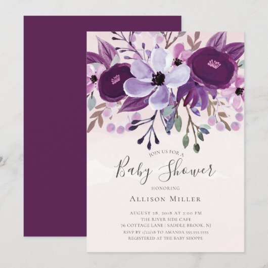 Invitation Baby shower Fleur sauvage violet (Devant / Derrière)