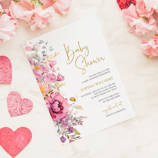 Invitation Baby shower Fleur sauvage violet