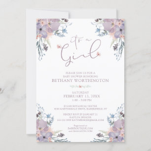 Invitation Baby shower Fleur sauvage violet fille aquarelle