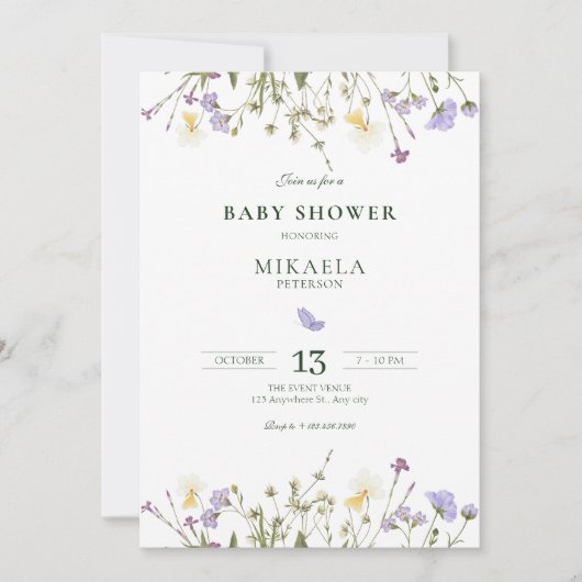 Invitation Baby shower Fleur sauvage violet rustique (Devant)