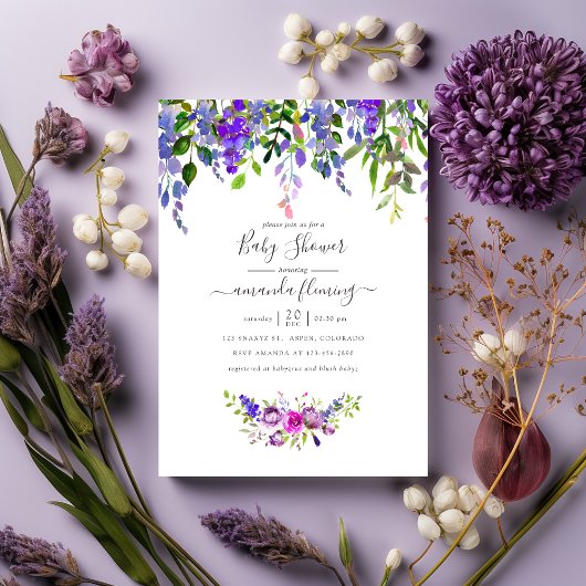 Invitation Baby-Shower Fleur Violet Aquarelle