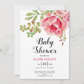Invitation Baby shower fleuri à l'aquarelle rose chaud (Devant)
