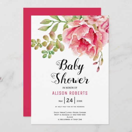 Invitation Baby shower fleuri à l'aquarelle rose chaud (Devant / Derrière)