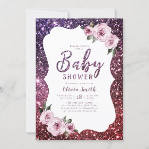 Invitation Baby shower fleuri à parties scintillant violet bo