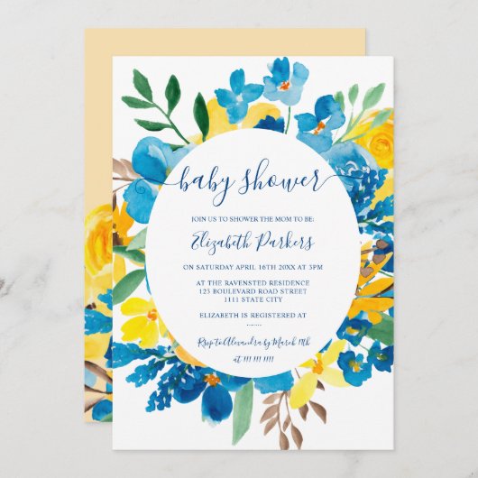 Invitation Baby shower fleuri bleu rustique (Devant / Derrière)