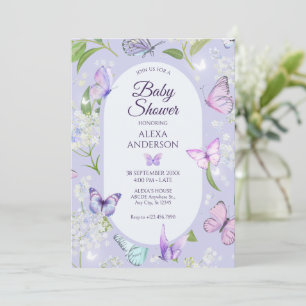 Invitation Baby shower fleuri de papillon lavande violette