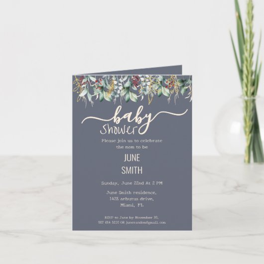 Invitation baby shower fleuri eucalyptus (Devant)