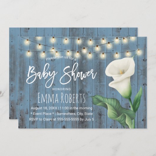 Invitation Baby shower fleuri rustique bleu grange bois Lily (Devant / Derrière)