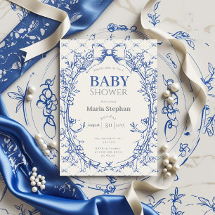 Invitation baby shower fleuri vintage Coquette Blue Bow