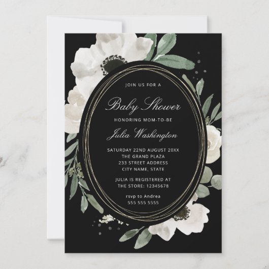Invitation Baby Shower Fleurie Aquarelle Sombre et Verdure  (Devant)