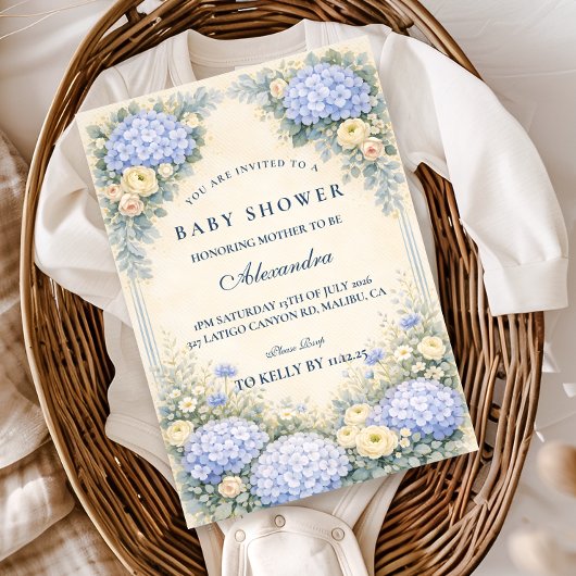 Invitation Baby Shower Fleurie Baroque Hydrangea Bleu Poussiè