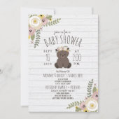 Invitation Baby Shower Fleuris Bohème Ours Gris Bois (Devant)