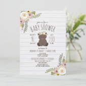 Invitation Baby Shower Fleuris Bohème Ours Gris Bois (Debout devant)