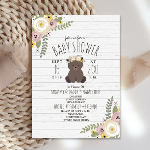Invitation Baby Shower Fleuris Bohème Ours Gris Bois