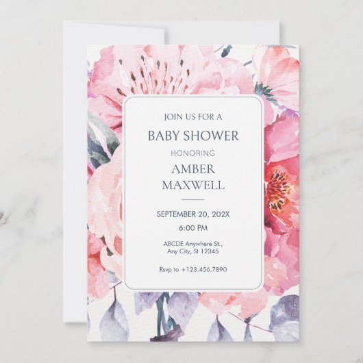 Invitation Baby shower fleuriste rose aquarelle (Devant)