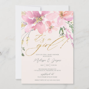 Invitation Baby Shower Fleurs Aquarelle C'est une Fille