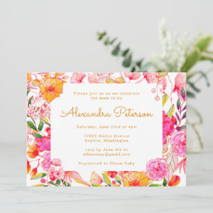 Invitation Baby Shower Fleurs Aquarelle Rose et Orange