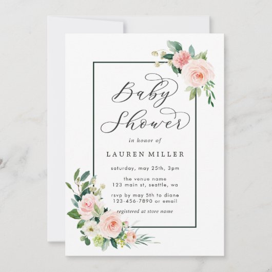 Invitation Baby Shower Fleurs Aquarelle Rose Pâle (Devant)