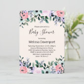 Invitation Baby Shower Fleurs Aquarelle Rose Violet Vert (Debout devant)