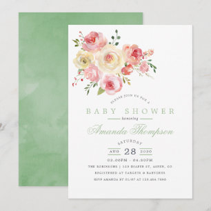 Invitation Baby Shower Fleurs Aquarelles Rose Pâle et Sauge