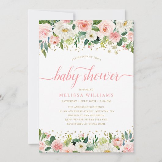 Invitation Baby Shower Fleurs Aquarelles Roses Paillettes Dor (Devant)