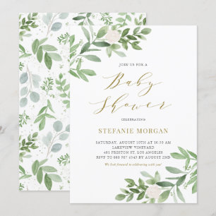 Invitation Baby Shower Fleurs Blanches et Feuillage à l'Aquar