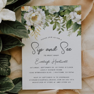 Invitation Baby Shower Fleurs Blanches et Verdure Sip and See