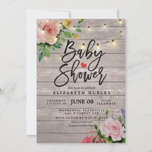 Invitation Baby shower Fleurs Chic Fleurs Bois Rustique Lumiè (Devant)