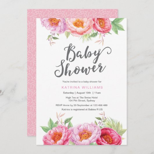 invitation baby shower | Fleurs d'aquarelle (Devant / Derrière)