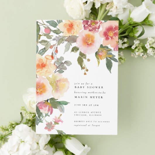 Invitation Baby shower Fleurs d'aquarelle rose pâle