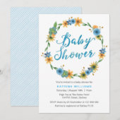 invitation baby shower | Fleurs d'aquarelles bleue (Devant / Derrière)