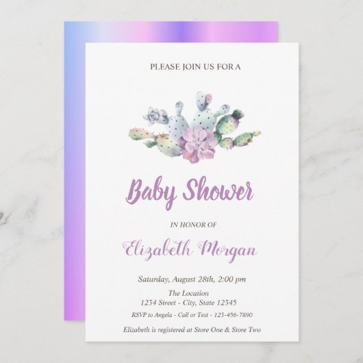 Invitation Baby shower Fleurs de cactus (Devant / Derrière)