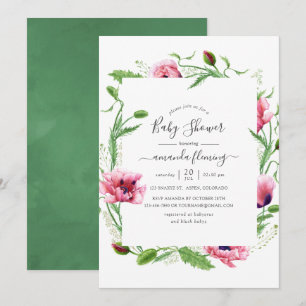 Invitation Baby Shower Fleurs de Pavot Roses Aquarelle