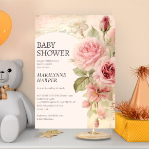 Invitation Baby Shower Fleurs de Roses Éphémères de Style Vin