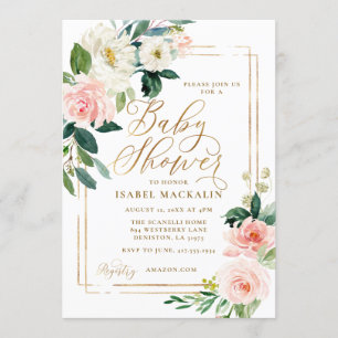 Invitation Baby Shower Fleurs de verdure aquarelle rose et cr