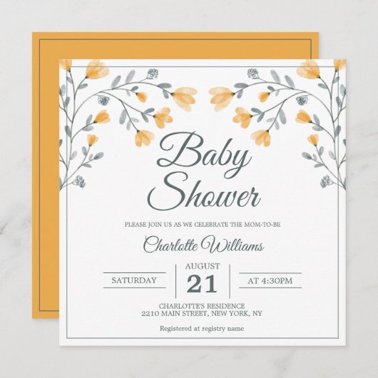 Invitation Baby shower Fleurs délicates Orange Sage Vert (Devant / Derrière)