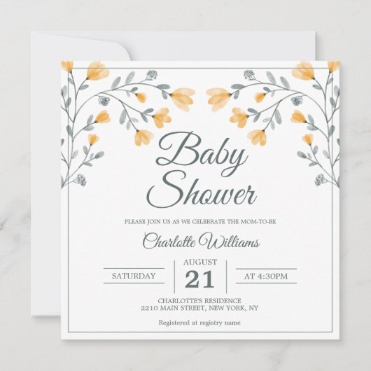 Invitation Baby shower Fleurs délicates Orange Sage Vert (Devant)