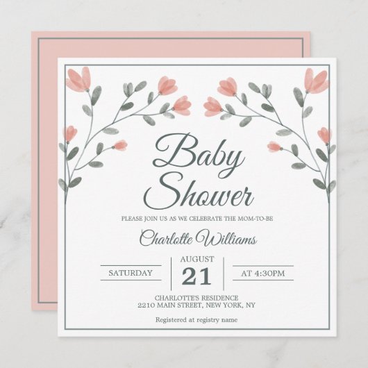 Invitation Baby shower Fleurs délicates Rose & Sage Vert (Devant / Derrière)