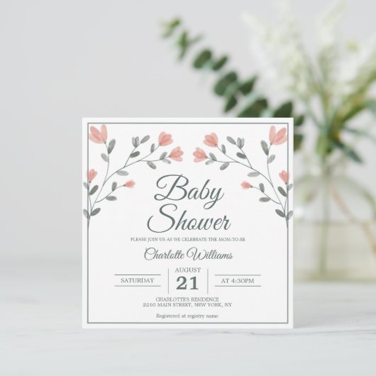 Invitation Baby shower Fleurs délicates Rose & Sage Vert (Debout devant)